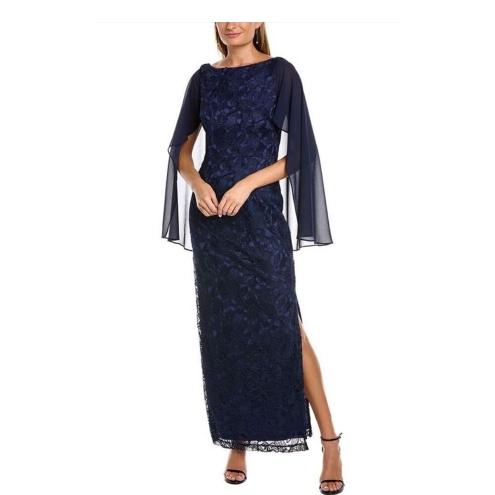 JS Collections Leah Capelet Navy Blue Floral Lace Column Formal Gown Size 6